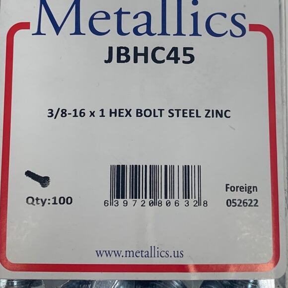 New 100 Metallics JBHC45 3/8-16 X 1 Hex Bolt Steel Zinc Sealed Plastic Jar - Picture 2 of 3